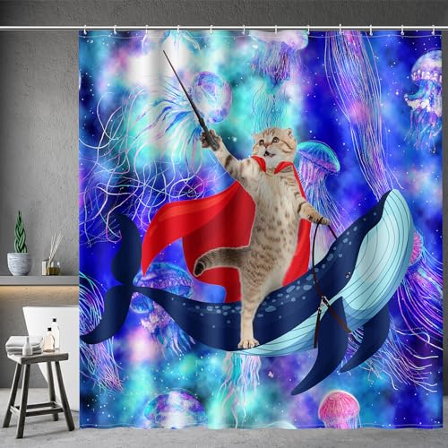 Image of Aimego Extra Long Shower Curtain - Funny Cute Cat Riding Whale on Space Galaxy Fantasy Jellyfish Fabric Cloth Shower Curtain Set with 12 Hooks for Kids Bathroom Decor Bathtub Curtain, 72 inchx84 inch
