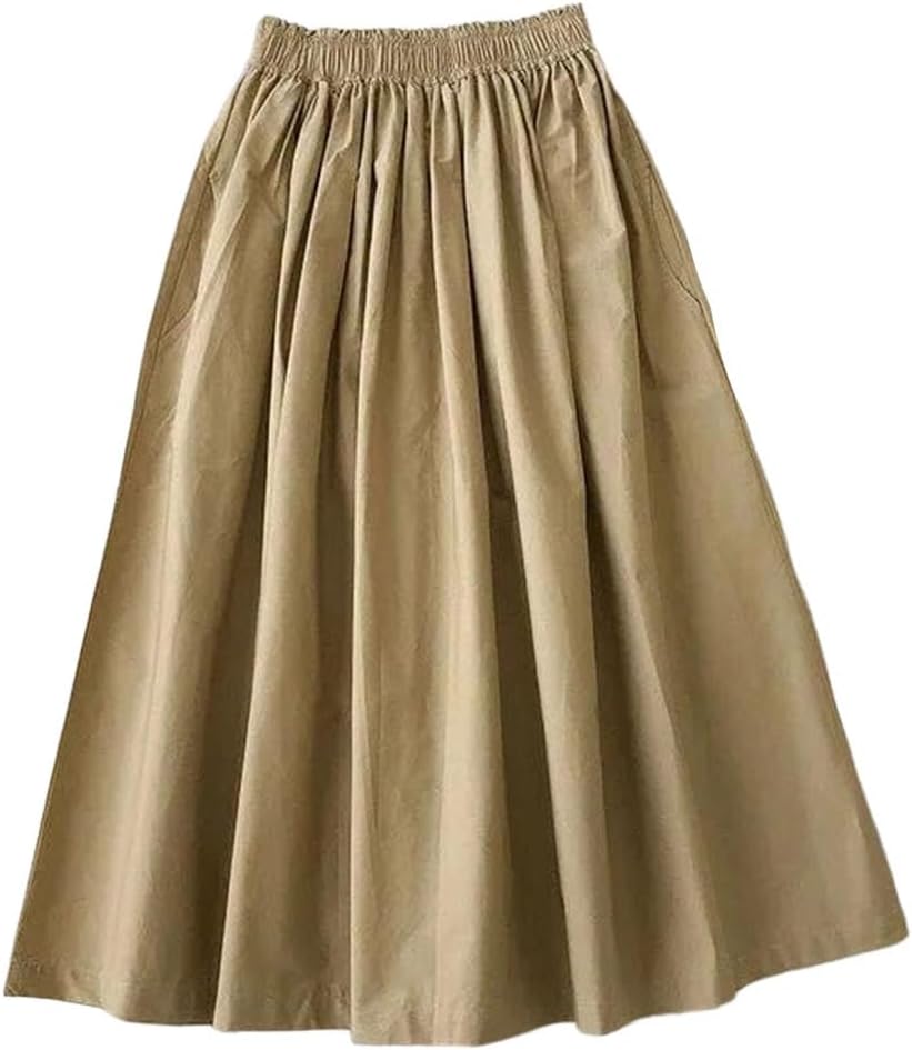 Women's Skirt High Waist Style Pleated A Line Vintage Clothing Casual Ladies Work Khaki