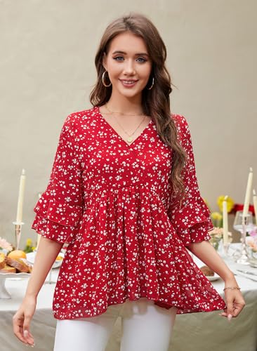 Bulotus Womens Tops Dressy Casual 3/4 Ruffle Sleeve Chiffon Fall Blouses Business Casual Flowy V Neck Shirts2
