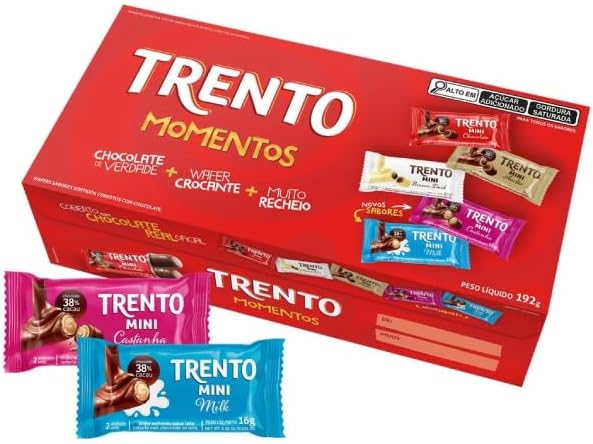 Embalagem da caixa Trento Momentos em fundo branco destacando a variedade de mini chocolates sortidos