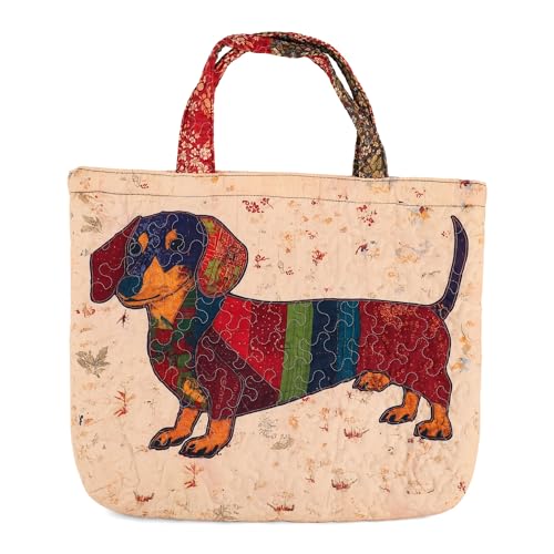 Sausage Dog Quilted Tote Bag for Women Vintage Cotton Travel Bag with Dachshund Print Large Quilted Bag Lightweight Quilted Duffle Tote for Shopping Travel Beach Work School Dachshund Gifts (Dog)