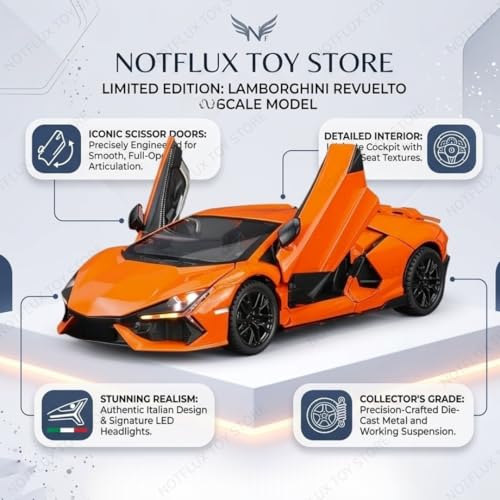 Image of 1:24 Lamborghini Revuelto Diecast Model Car | Luxury Sports Car Toy with Light & Sound | Alloy Metal Pull Back | Best Birthday Gift for Kids Boys & Collectors [Multicolor] [Pack of 1]