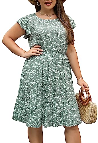 Image of Keluummi Plus Size Wedding Guest Midi Dress for Curvy Women, Summer Casual Boho Floral Graduation Tiered Sundress with Pocket(20 Plus, 08 - Green Floral)