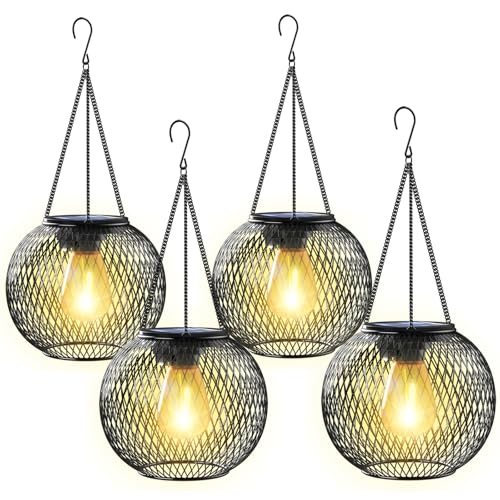 Ortiny Garden Ornaments Outdoor, 4 Pack Solar Lanterns for The Garden Lights Solar Powered Metal Retro IP65 Waterproof Auto On Off Solar Lantern Decorations for Patio Lawn Table Fence Warmwhite