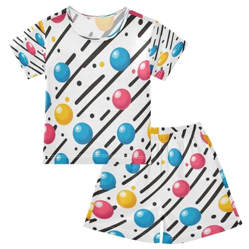Pajama Sets Short Sleeve Colorful Balls on Stripes Soft Cotton Summer Sleepwear 2 Piece PJS Size 5-14T