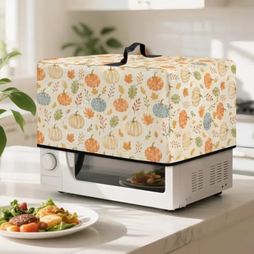 Image of Microwave Oven Cover, Dustproof Air Fryer Toaster Protector Electrical Appliance Cover for Kitchen Fall Decor, L, 20.9 x 15.7 x 12.4 Inches, Pumpkin Leaf Beige