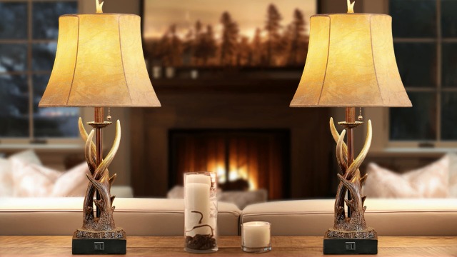 Everly Quinn Set Of 2 Rustic Western Deer Table Lamps With Nightlight And Dual USB Ports, Antler