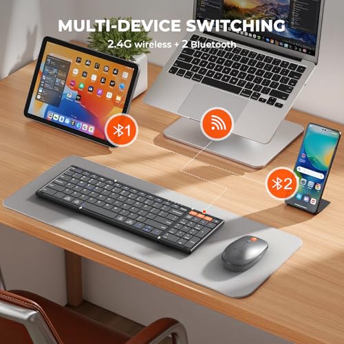 Image of MEETION Foldable Keyboard and Mouse, Portable Folding Wireless Keyboard Mouse, Full Size Rechargeable 2.4G+Dual Bluetooth Keyboards for Business Travel, for Windows /Mac /iOS /Andriod, iPad /Laptop