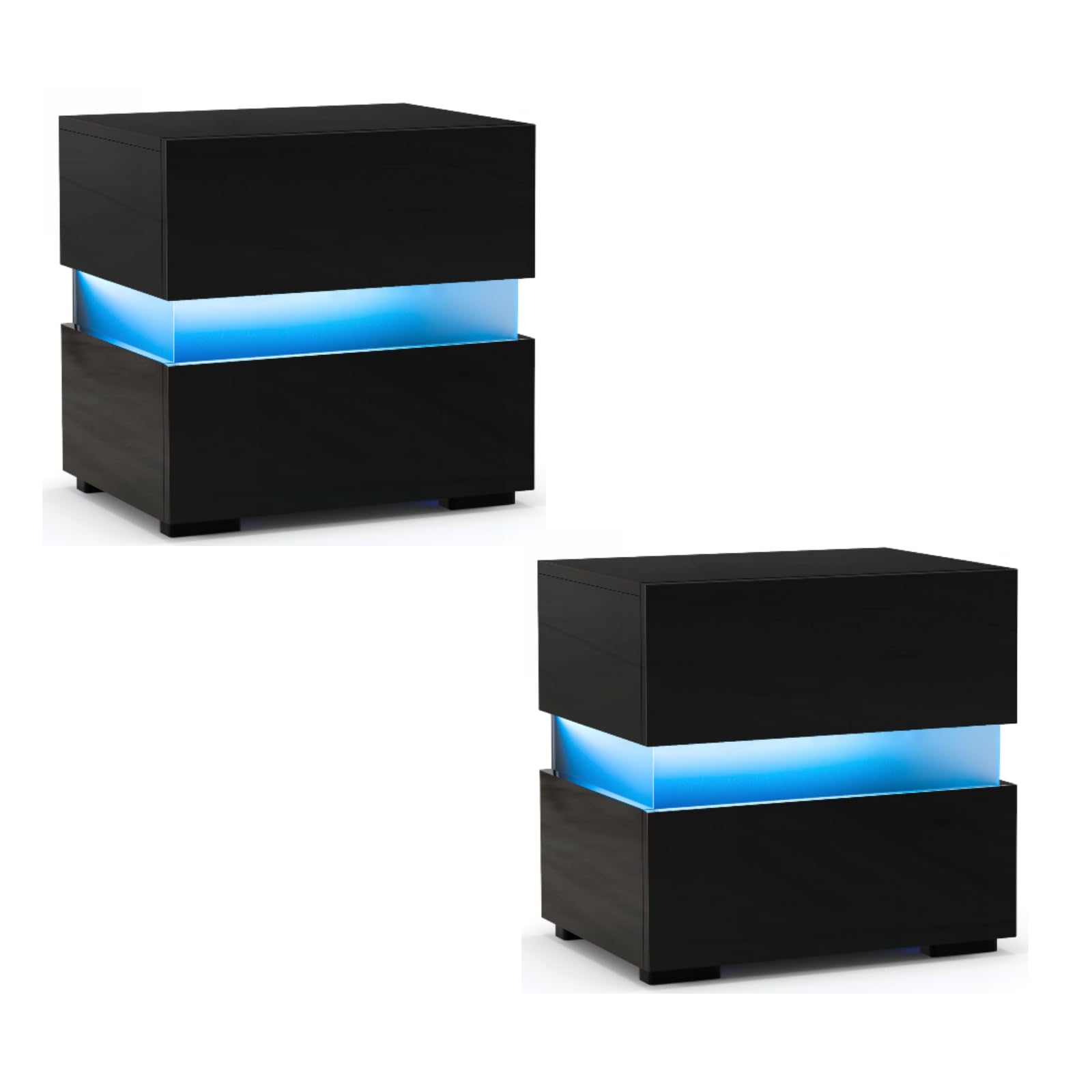 COSTWAY LED Bedside Table, High Gloss Smart Nightstand End Sofa Side Table with 2 Drawers, 20 Adjustable RGB Light Colors and Remote Control, Modern Accent Tea Table for Bedroom Living Room (2, Black)