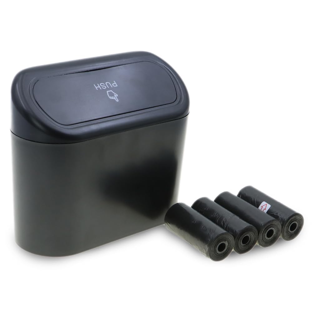 VPPIK Car Trash Can - Can Bin with Lid and 4 Rolls of Bin Bag Liners Mini Car Accessories Trash Bin Portable Push-On Design Car Garbage Can, Small Trash Bin for Car Home