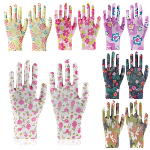 HASTHIP® 6 Pairs Gardening Gloves for Women Fashion Floral Print Nylon Snug Fit Work Gloves Full Palm Anti-Slip Work Utility Protective,One Size