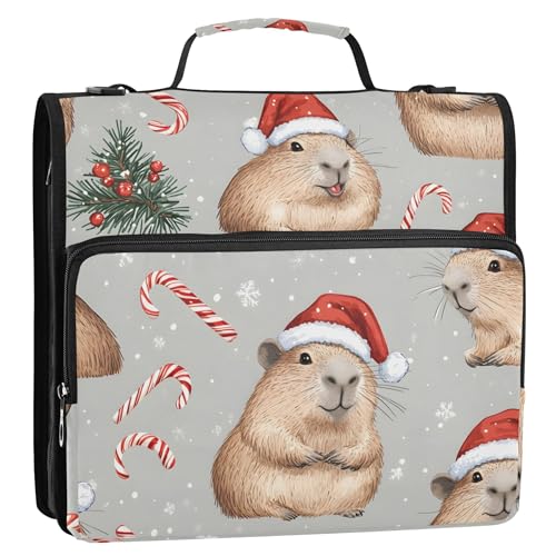 かわいいカピバラの楽しいクリスマスジッパーバインダーオーガナイザー 1.5インチバインダー 3リング高耐久バインダー ショルダーストラップ付き 学校収納用 ポートフォリオケース ハンドル付き