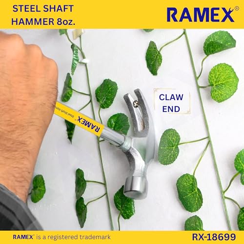 Image of RAMEX Steel Shaft Hammer 8 Oz - Forged Steel Head for Superior Strength & Durability - Carpenter Tools for Wood Work, Home and Professional, 2 in 1 Combination Claw & Flat Head, 400gm (Pack of 1), DIY