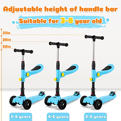 3 Wheel Kids Kick Scooter, 2 In 1 Toddler Scooter For Kids Ages 3-5, Foldable Mini Scooter With Adjustable Height, Removable Seat, Lighted Up Wheels And Anti-Slip Deck For Boys & Girls Aged 3-8,Blue #TOP1