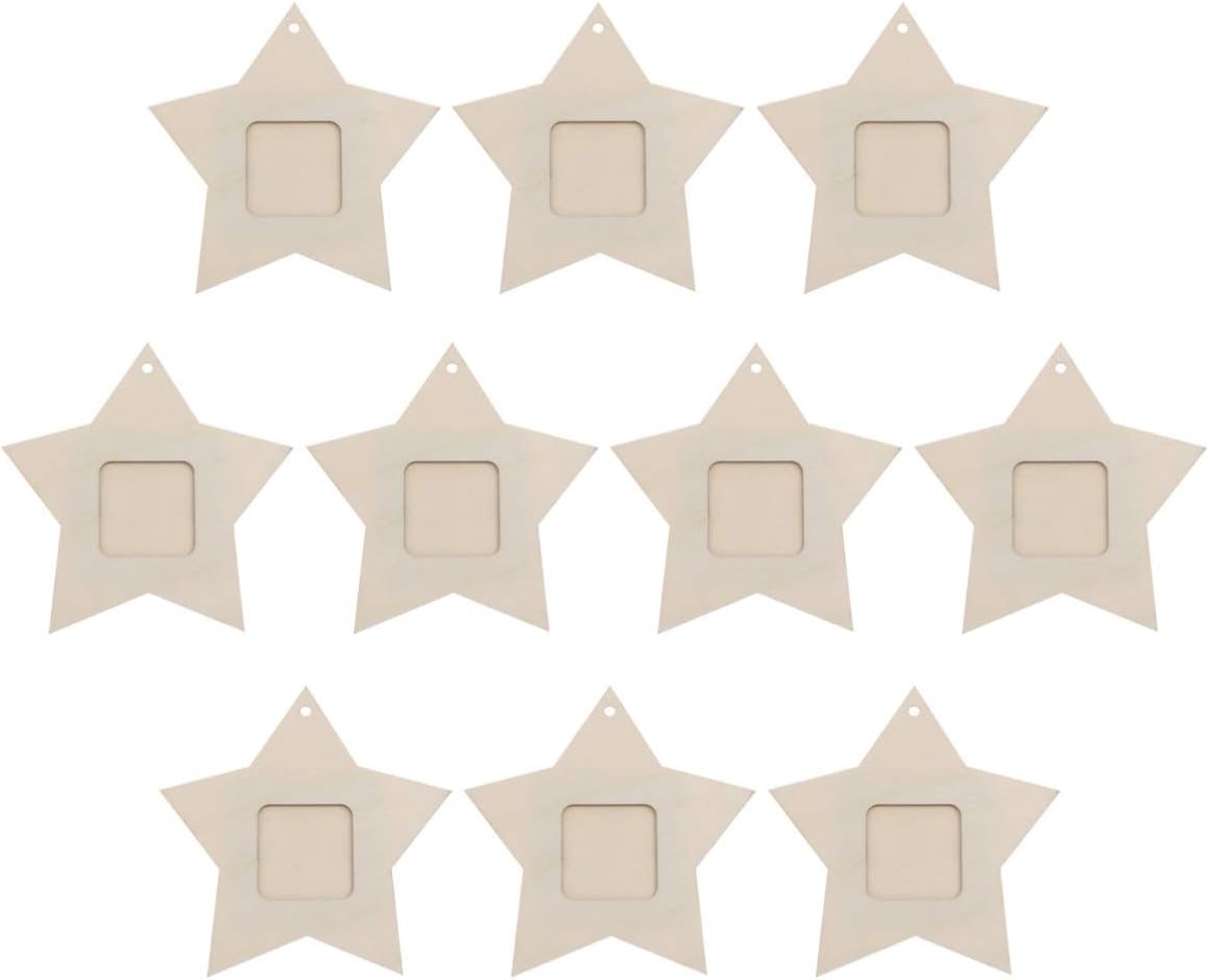 HEALLILY Hanging Picture Frames Wooden Mini Photo Holder Star Shape Hanging Wood Pieces for Home Garden Decoration 10pcs
