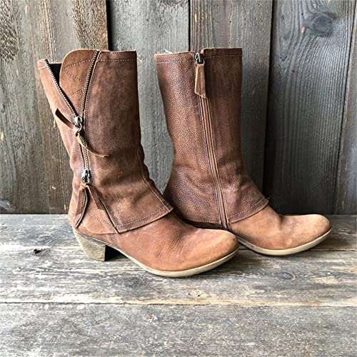 Oiangi Women Western Cowboy Chunky Boots - Vintage Casual Round Toe Side Zipper Block Mid Heel Mid-calf Solid Comfy Motorcycle Casual Shoes2