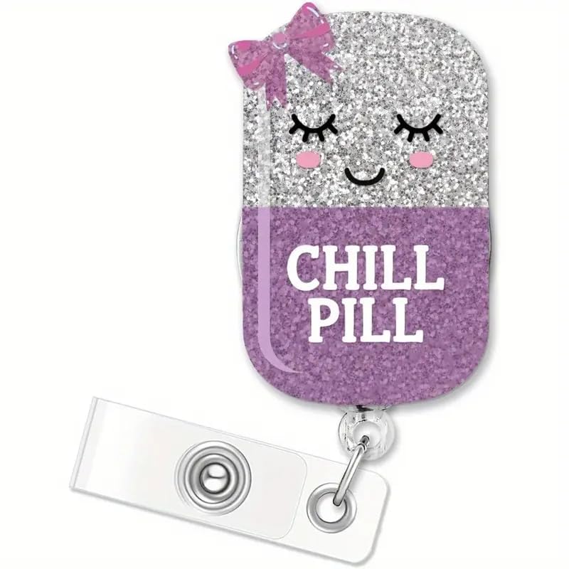 Cute Chill Pill Retractable Badge Clip with Alligator Clip Nurse Nursing Pill Badge Holder for Id Card Name Tag Decor Purple Doctor Teacher Medical