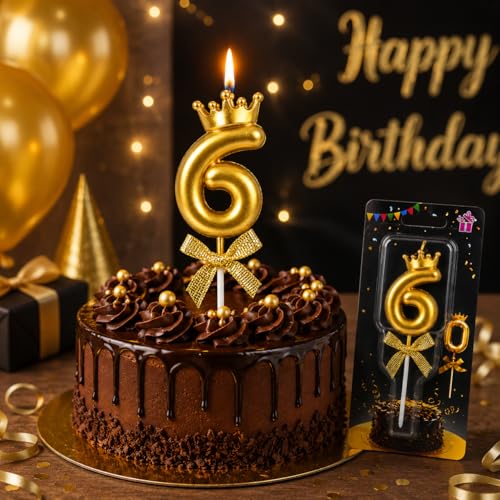 Image of Number 6 Unscented Candle with Crown for Birthday, Wedding, Engagement, Valentines Day Celebration, Theme Party, Bridal Shower Cake Topper for Decoration, 1 pc, Gold