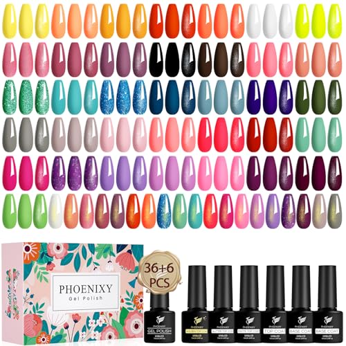 Phoenixy Kit de 36 Colores Uñas Semi-Permanente, Kit de 42 PCS con Base Esmaltes y Top Esmaltes Brillantes Mate Destellantes y Dorados, Para Mujeres Incluye Rojo y Morado, Esmalte de Uñas UV Completo