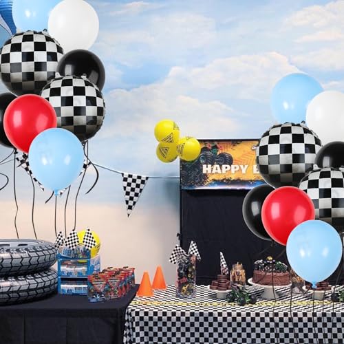 Image of Race Car Balloon Bundle 20 Pcs Checkered Balloons Latex Balloon Blue Red Black Boy One Happy 1st 2nd Vintage Fast One Two Fast Theme Race Car Birthday Party Decor Supplies Kit
