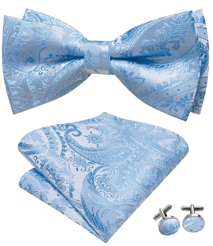 Image of Hi-Tie Bow Tie Men Pre Tied Bowtie Pocket Square Cufflinks Lapel Pin Formal Wedding Bow Ties for Men Party Tuxedo Bowtie Set,Baby Blue Paisley Floral