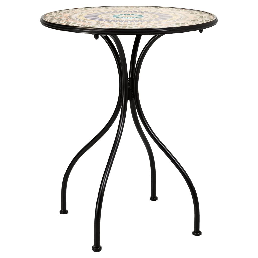 WANDERLUST DECO Conjunto de Jardín Mesa y 2 Sillas de Mosaico Naranja y Forja Negra, Set Bistró para Terraza o Exterior, Mesa Ø60 cm con Sillas Decorativas, Mobiliario Exterior Elegante
