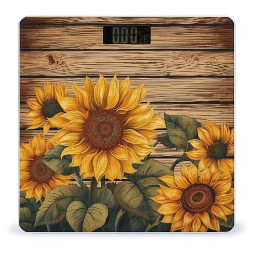 Báscula digital de baño con diseño girasol y plataforma de vidrio templado
