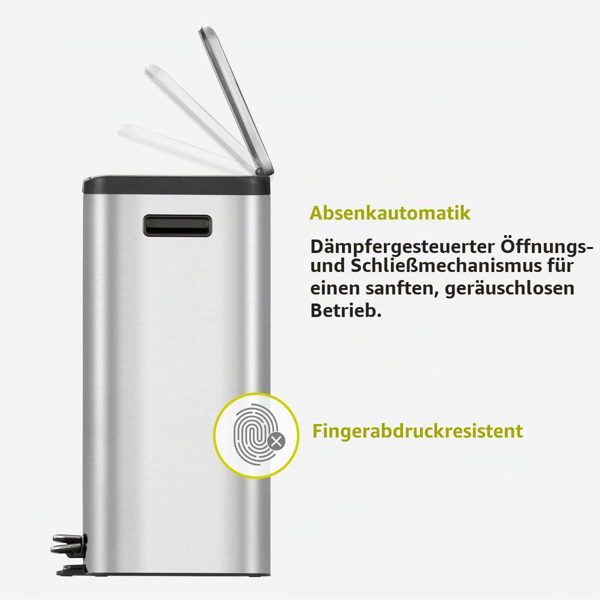 EKO Ecocasa Mülleimer 3 Fächer, 3 x 15 Liter, Tretmülleimer Mülleimer für Küche, Abfalleimer mit Deckel, sanftem Schließen und luftdicht, Mülltrennsystem 3-fach mit Griff, Edelstahl Matt