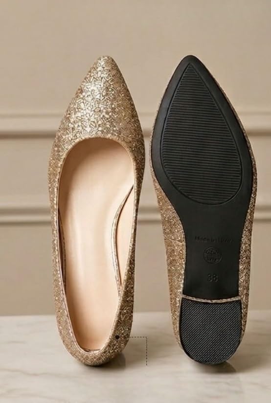 Image of Xocean Women's Pvc Gold Shimmer Pointed Toe Heels Sandal for Wedding Party & Festive