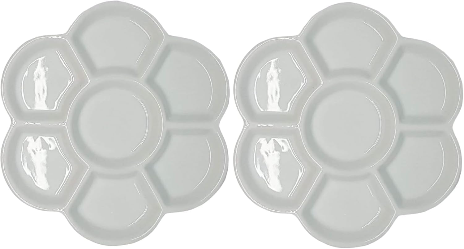 2-Piece White Ceramic Watercolor Paint Palette Tray, Washable Porcelain Palette for Artist Painting