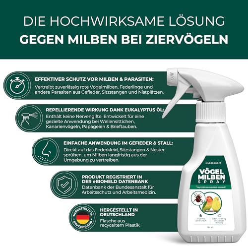 Silberkraft Milbenspray 250 ml, Milbenschutz für Ziervögel, Singvögel & Geflügel, für Wellensittich, Kanarienvogel, Papagei, Beo, Großsittich & Brieftaube, Gegen rote Vogelmilbe und Parasiten