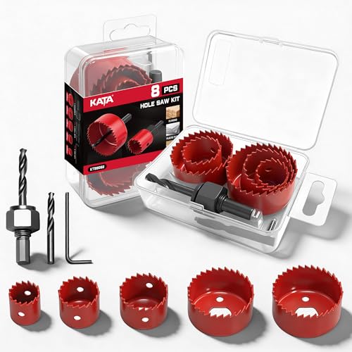 KATA 8PCS Hole Saw Kit 1' to 2-1/8'(25-54mm) Hole Saw Set in Case with 1PC Mandrels, 2PC Drill Bits and 1PC Hex Key for Soft Wood, PVC Board, Plywood, Red