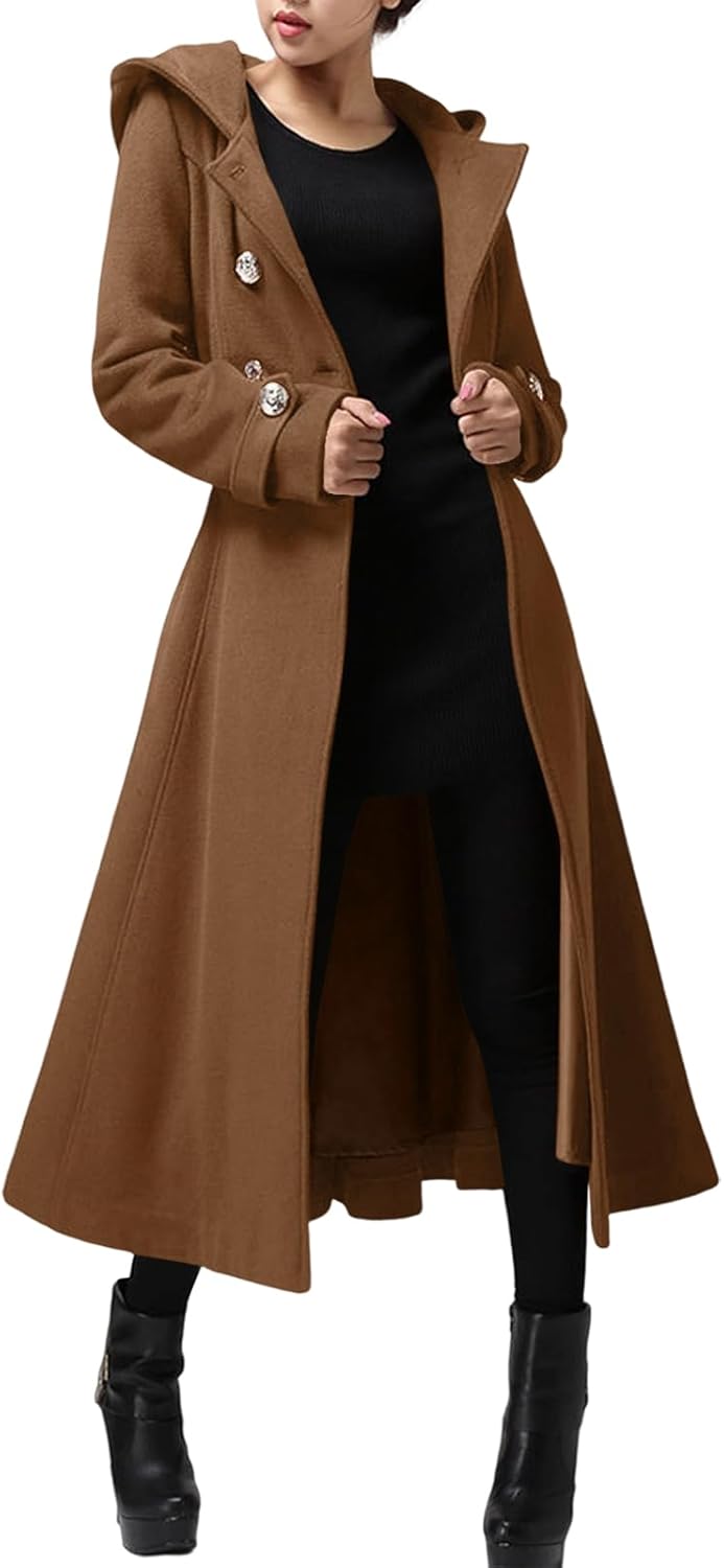 Cicy Bell Women’s Warm Wool Double-Breasted Hooded Trench Coat Cicy Bell Women’s Warm Wool Double-Breasted Hooded Trench Coat