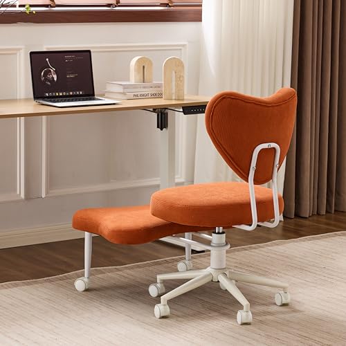 Image of Ergonomic Cross Legged Office Chair with Wheels, ADHD Chair for Adults, Meditation Chair, Yoga Office Chair, Comfortable Back Support, Height Adjustable,Small Spaces,Corduroyr-Orange