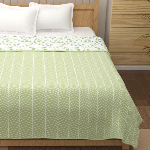 Image of Story@Home Dohar Double Bed Cotton 100% | 150GSM 225 x240 cm Quilt AC Blanket for Summer | AC Comforter Double Bed | Olive Green & White Abstract Reversible Design Duvet | All-Season Blanket