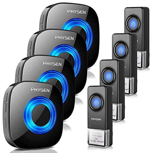 Wireless Doorbell PHYSEN Waterproof Door bell Chimes with Mute Mode,58 Doorbell Wireless, 5 Volume Levels,1000-ft Range,4 Receiver & 4 Doorbell Button for Home with LED Strobe -Model CW,Black