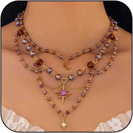 Renaissance Fairy Necklace for Women,Y2K Star Sun Moon Natural Crystal Tassel Chain Choker Necklaces Fantasy Renfaire Necklace for Woodland Fairycore Jewelry Cosplay Costume Accessories