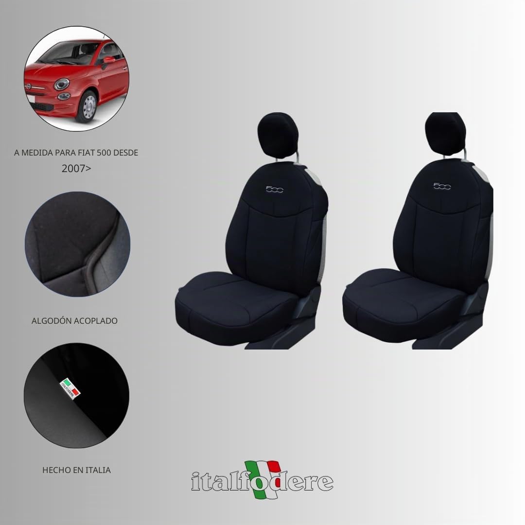 Italfodere - Par de fundas delanteras compatibles con Fiat 500 desde 2007 en adelante - Algodón acoplado - Hecho a mano - Elegantes y resistentes - Accesorios para el interior del coche - Made in