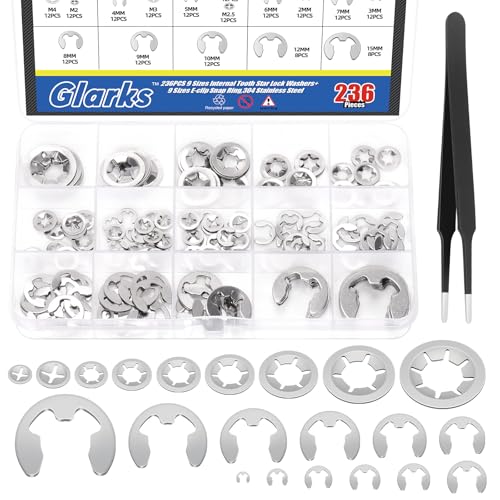 Glarks 237 PCS 304 Acero Inoxidable Star Lock Arandelas y E-Clip Halteringe Kit 100 Piezas 9 Tamaños Presión Arandelas Bloqueo 136 PCS 12 Tamaños E-Ring Circlip Anillos