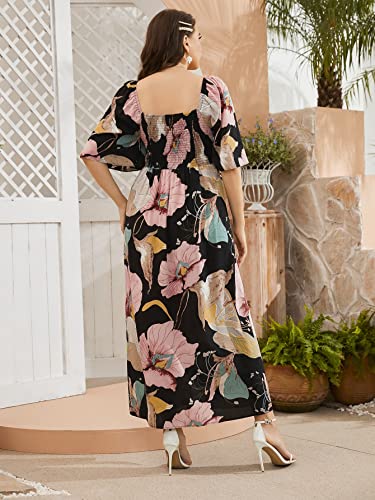 Makemechic Women's Plus Size Boho Floral Short Sleeve High Waist A Line Swing Maxi Dress Multicolor 3Xl #TOP1