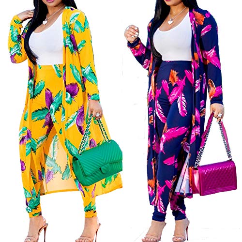 Image of Womens Fashion Printed Long Cardigans 2 Piece Outfits,Long Sleeve Coat and Trousers Set