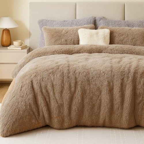 Sacebeleu Plüsch Bettwäsche Set 135x200cm Khaki Hellbraun Warme Winter Flauschig Flanell Biber Mädchen Bettbezug mit Reißverschluss und 1 Kissenbezug 80x80cm