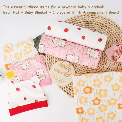 Image of DRESHOW BQUBO Cotton Baby Swaddle Hat Set Newborn Infant Receiving Blankets with Bear Ears Hat Wooden Birth Announcement Card Newborn Unisex Swaddle Wrap Sets Warm Shower Gift