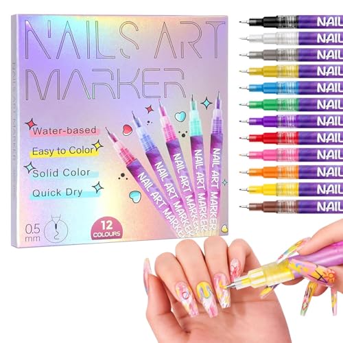 Image of 12 Colors DIY Nail Art Pens Set | 0.5mm Ultra Fine Nail Art Marker Pens | Quick Dry Waterproof Nail Polish Pens for DIY Nail Painting | Nail Art Kit for Women & Kids