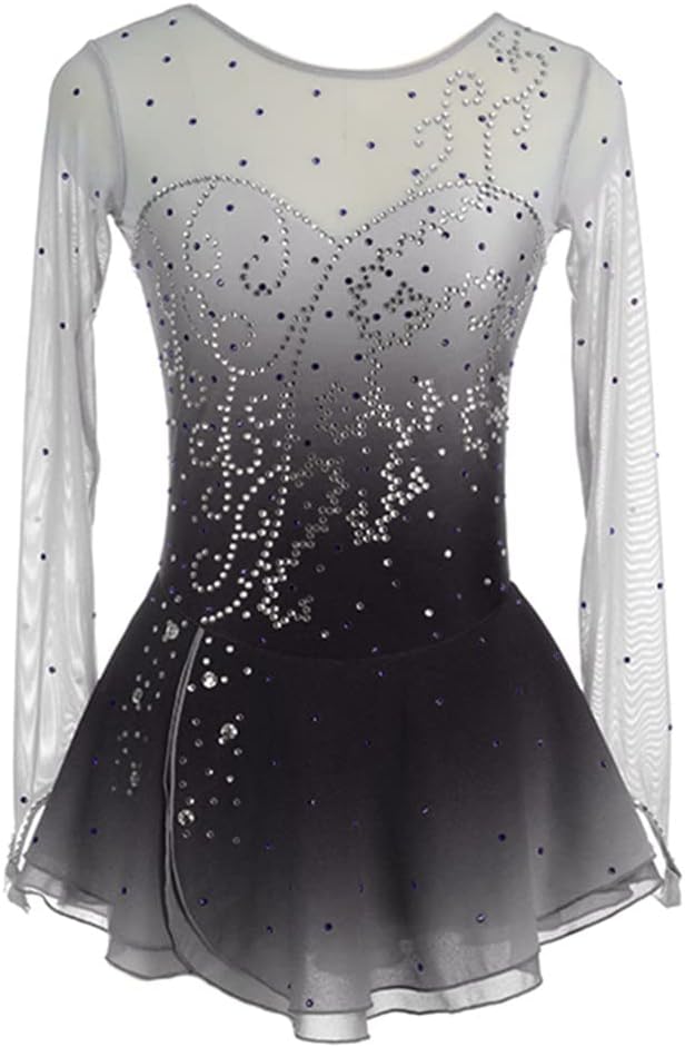 LIUHUO Figure Skating Dress Mesh Skirt Girls Round Neck Long Sleeve Gradient Multi-Color Competition Performance