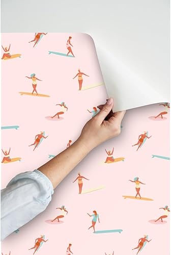 Miniatura 3 de Spoonflower Papel tapiz autoadhesivo de 3 x 2 pies, para niñas, surfistas, rosa, deporte, Hawaii, retro, océano, náutico, playa, papel tapiz