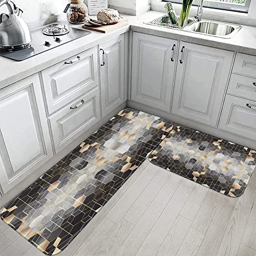Tayney Geometric Kitchen Rugs And Mats Non Skid Washable Set Of 2, Black Grey Gold Grid Hexagon Kitchen Runner Rug, Modern Abstract Neutral Mats For Kitchen Under Sink Floor Decor #TOP20