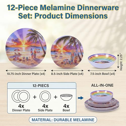 Image of 12 Piece Melamine Plates and Bowls Set, Beach Sunset