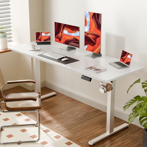 Image of ERGOMAKER Electric Standing Desk 160x60cm (63 inchx23.6 inch), Height Adjustable Sit Stand Desk with Splice Board for Home Office, Computer Desk Memory Preset (White Frame + White Desktop)