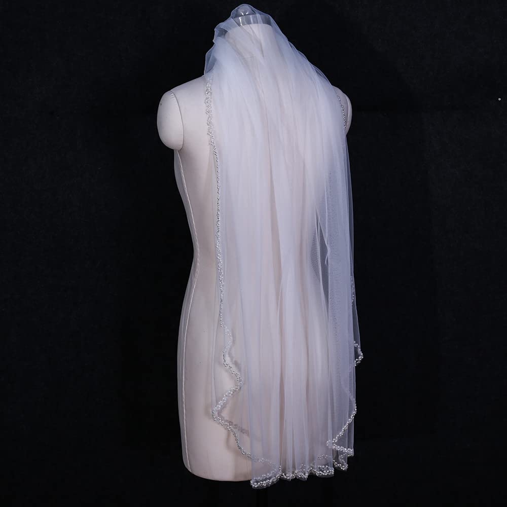Ślub Ręcznie robione perły welon slubny z kryształkami krawędzi welony ślubne ślubne kryształowe zroszony welony ślubne dla panny młodej (Color : Ivory, Size : 300cm)